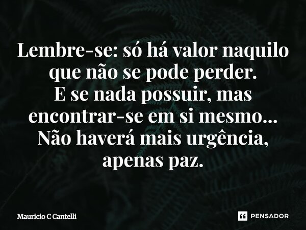 ⁠Lembre-se: só há valor naquilo que não se pode perder. E se nada possuir, mas encontrar-se em si mesmo... Não haverá mais urgência, apenas paz.... Frase de Mauricio C Cantelli.