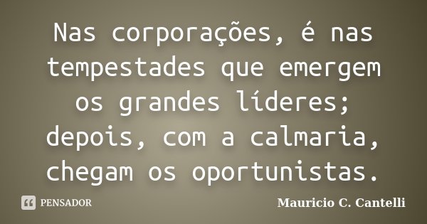Nas corporações, é nas tempestades que emergem os grandes líderes; depois, com a calmaria, chegam os oportunistas.... Frase de Maurício C. Cantelli.
