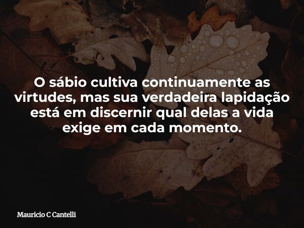 O sábio cultiva continuamente as virtudes, mas sua verdadeira lapidação está em discernir qual delas a vida exige em cada momento.... Frase de Mauricio C Cantelli.