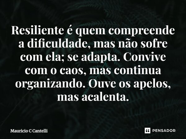 ⁠Resiliente é quem compreende a dificuldade, mas não sofre com ela; se adapta. Convive com o caos, mas continua organizando. Ouve os apelos, mas acalenta.... Frase de Mauricio C Cantelli.