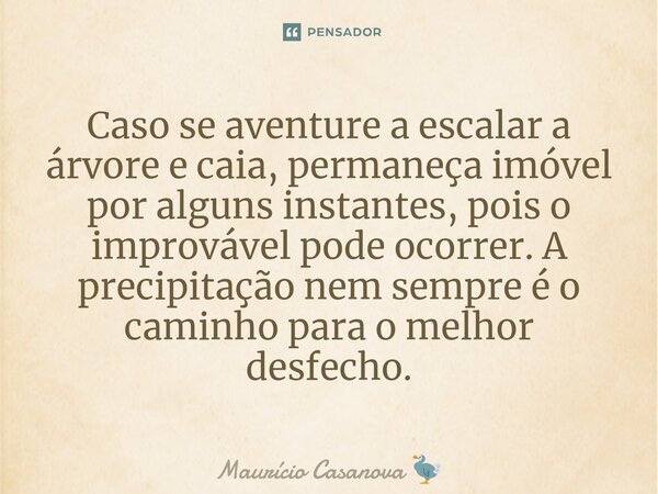 ⁠Caso se aventure a escalar a árvore e caia, permaneça imóvel por alguns instantes, pois o improvável pode ocorrer. A precipitação nem sempre é o caminho para o... Frase de Maurício Casanova.
