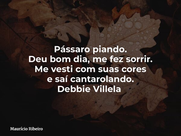 Pássaro piando. Deu bom dia, me fez sorrir. Me vesti com suas cores e saí cantarolando. Debbie Villela ⁠... Frase de Maurício Ribeiro.