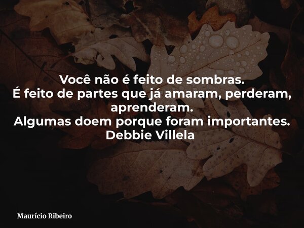 Você não é feito de sombras. É feito de partes que já amaram, perderam, aprenderam. Algumas doem porque foram importantes. Debbie Villela ⁠... Frase de Maurício Ribeiro.
