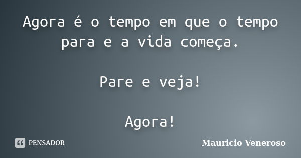 Agora é o tempo em que o tempo para e a vida começa. Pare e veja! Agora!... Frase de Mauricio Veneroso.