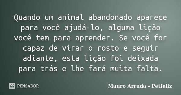 Quando um animal abandonado aparece para você ajudá-lo, alguma lição você tem para aprender. Se você for capaz de virar o rosto e seguir adiante, esta lição foi... Frase de Mauro Arruda - Petfeliz.