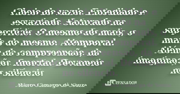 Cheio do vazio. Entediado e esvaziado. Saturado na superfície. O mesmo do mais, o mais do mesmo. Atemporal. Além da compreensão, da imaginação. Imortal. Devanei... Frase de Mauro Camargo de Souza.