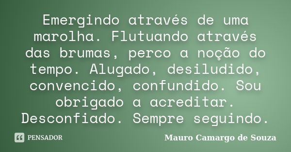 Emergindo através de uma marolha. Flutuando através das brumas, perco a noção do tempo. Alugado, desiludido, convencido, confundido. Sou obrigado a acreditar. D... Frase de Mauro Camargo de Souza.