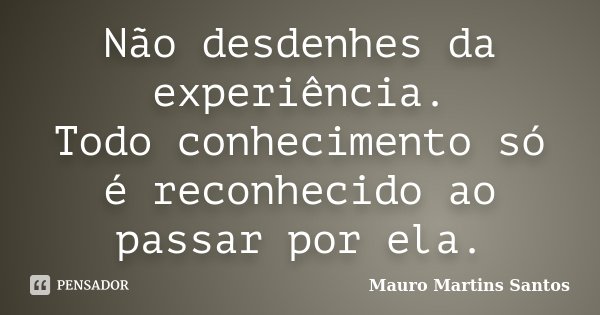 Não desdenhes da experiência. Todo conhecimento só é reconhecido ao passar por ela.... Frase de Mauro Martins Santos.