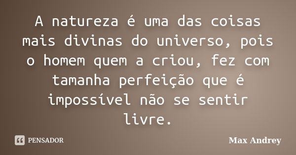 A natureza é uma das coisas mais divinas do universo, pois o homem quem a criou, fez com tamanha perfeição que é impossível não se sentir livre.... Frase de Max Andrey.