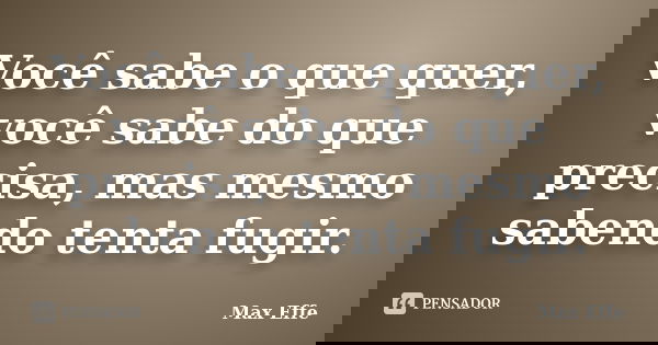 Você sabe o que quer, você sabe do que precisa, mas mesmo sabendo tenta fugir.... Frase de Max Effe.
