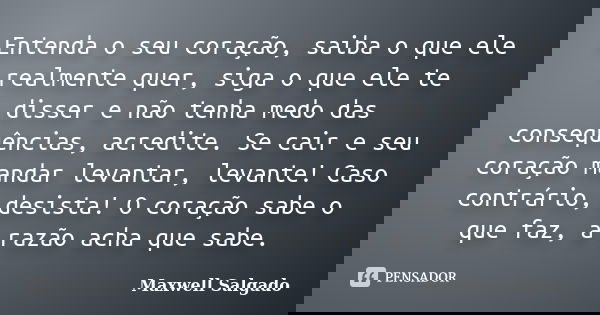 Entenda o seu coração, saiba o que ele realmente quer, siga o que ele te disser e não tenha medo das consequências, acredite. Se cair e seu coração mandar levan... Frase de Maxwell Salgado.