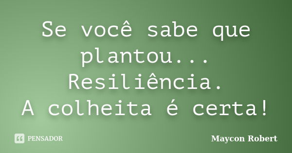 Se você sabe que plantou... Resiliência. A colheita é certa!... Frase de Maycon Robert.