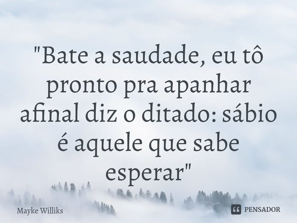 ⁠"Bate a saudade, eu tô pronto pra apanhar
afinal diz o ditado: sábio é aquele que sabe esperar"... Frase de Mayke Williks.