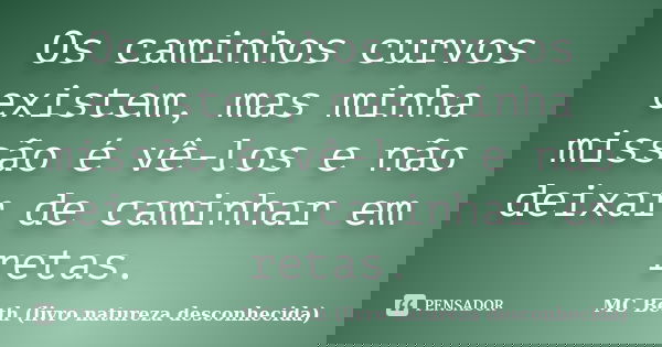Os caminhos curvos existem, mas minha missão é vê-los e não deixar de caminhar em retas.... Frase de MC Beth ( livro natureza desconhecida).