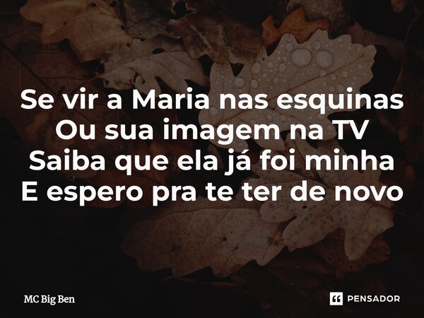 ⁠Se vir a Maria nas esquinas Ou sua imagem na TV Saiba que ela já foi minha E espero pra te ter de novo... Frase de MC Big Ben.