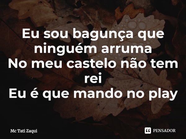 ⁠Eu sou bagunça que ninguém arruma
No meu castelo não tem rei
Eu é que mando no play... Frase de Mc Tati Zaqui.
