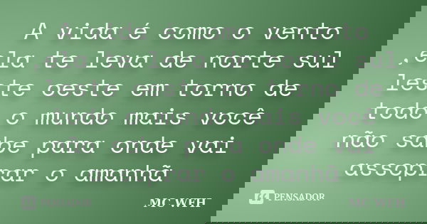 A vida é como o vento ,ela te leva de norte sul leste oeste em torno de todo o mundo mais você não sabe para onde vai assoprar o amanhã... Frase de MC WFH.