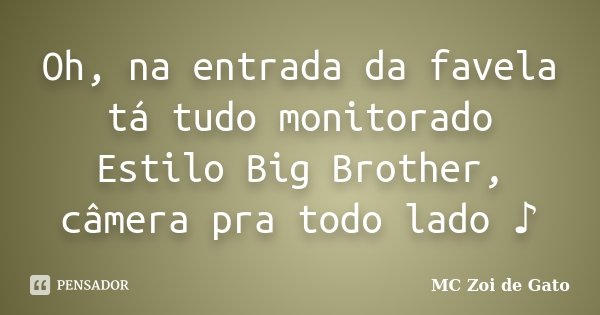 Oh, na entrada da favela tá tudo monitorado Estilo Big Brother, câmera pra todo lado ♪... Frase de MC Zoi de Gato.