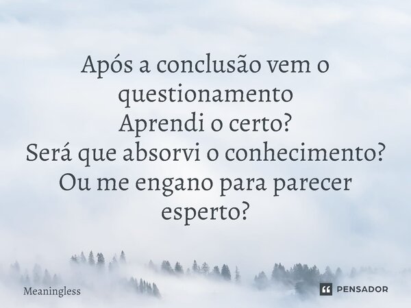 ⁠Após a conclusão vem o questionamento Aprendi o certo? Será que absorvi o conhecimento? Ou me engano para parecer esperto?... Frase de Meaningless.