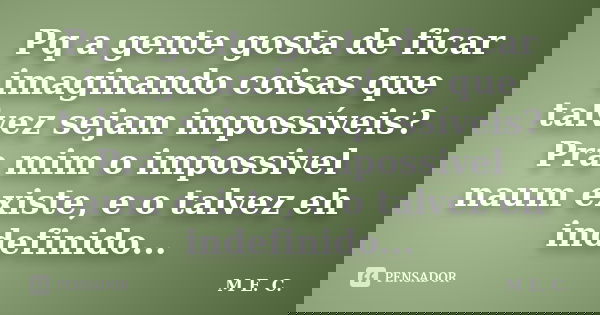 Pq a gente gosta de ficar imaginando coisas que talvez sejam impossíveis? Pra mim o impossivel naum existe, e o talvez eh indefinido...... Frase de M. E. C..