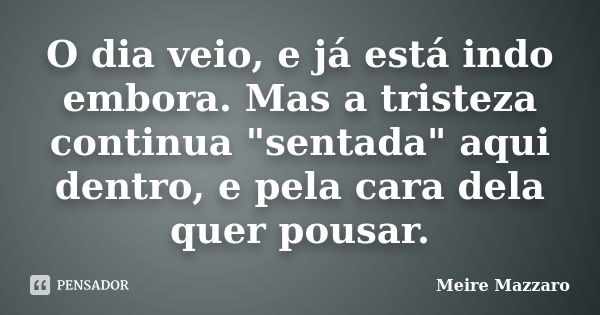 O dia veio, e já está indo embora. Mas a tristeza continua "sentada" aqui dentro, e pela cara dela quer pousar.... Frase de Meire Mazzaro.