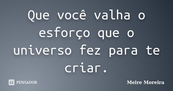 Que você valha o esforço que o universo fez para te criar.... Frase de Meire Moreira.