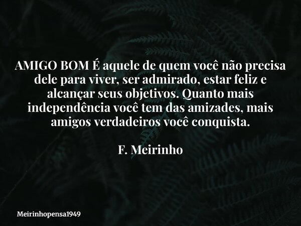 AMIGO BOM É aquele de quem você não precisa dele para viver, ser admirado, estar feliz e alcançar seus objetivos. Quanto mais independência você tem das amizade... Frase de Meirinhopensa1949.