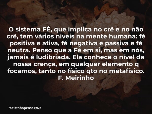 O sistema FÉ, que implica no crê e no não crê, tem vários níveis na mente humana: fé positiva e ativa, fé negativa e passiva e fé neutra. Penso que a Fé em si, ... Frase de Meirinhopensa1949.