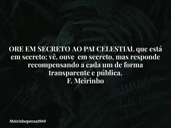 ORE EM SECRETO AO PAI CELESTIAL que está em secreto; vê, ouve em secreto, mas responde recompensando a cada um de forma transparente e pública. F. Meirinho... Frase de Meirinhopensa1949.