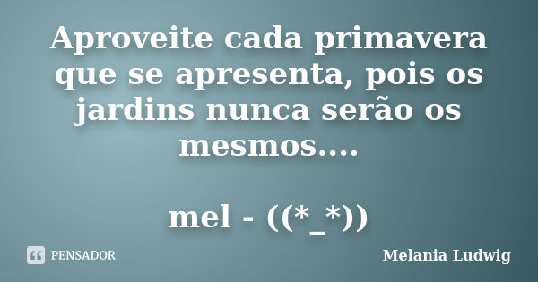 Aproveite cada primavera que se apresenta, pois os jardins nunca serão os mesmos.... mel - ((*_*))... Frase de melania ludwig.