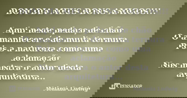 BOM DIA MEUS BONS AMIGOS!!! Aqui neste pedaço de chão O amanhecer é de muita ternura Pois a natureza como uma aclamação Nos mostra o autor desta arquitetura...... Frase de melania ludwig.