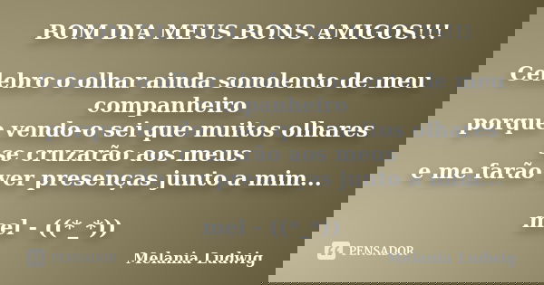 BOM DIA MEUS BONS AMIGOS!!! Celebro o olhar ainda sonolento de meu companheiro porque vendo-o sei que muitos olhares se cruzarão aos meus e me farão ver presenç... Frase de melania ludwig.