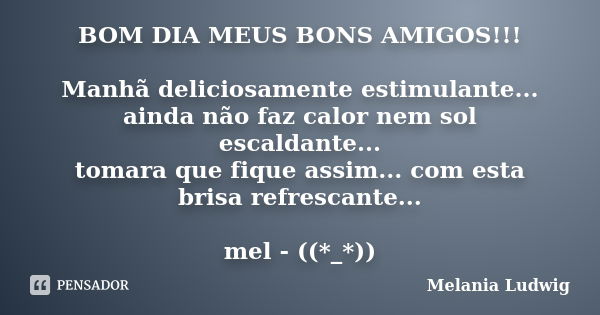 BOM DIA MEUS BONS AMIGOS!!! Manhã deliciosamente estimulante... ainda não faz calor nem sol escaldante... tomara que fique assim... com esta brisa refrescante..... Frase de melania ludwig.