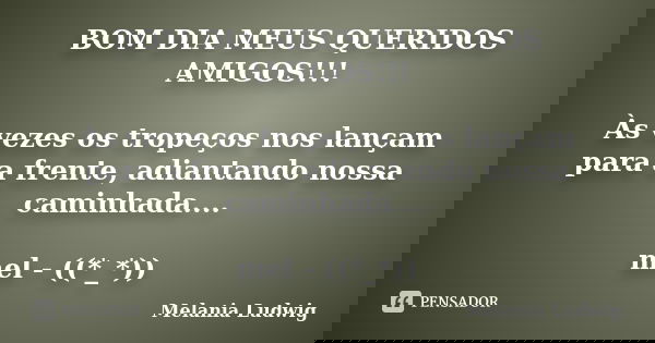 BOM DIA MEUS QUERIDOS AMIGOS!!! Às vezes os tropeços nos lançam para a frente, adiantando nossa caminhada.... mel - ((*_*))... Frase de melania ludwig.