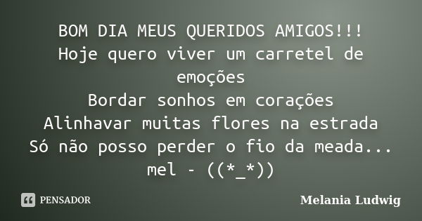 BOM DIA MEUS QUERIDOS AMIGOS!!! Hoje quero viver um carretel de emoções Bordar sonhos em corações Alinhavar muitas flores na estrada Só não posso perder o fio d... Frase de melania ludwig.