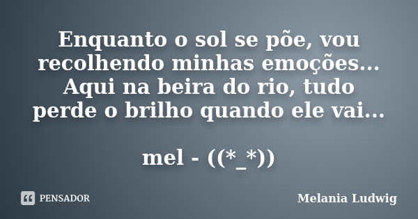 Enquanto o sol se põe, vou recolhendo minhas emoções... Aqui na beira do rio, tudo perde o brilho quando ele vai... mel - ((*_*))... Frase de melania ludwig.