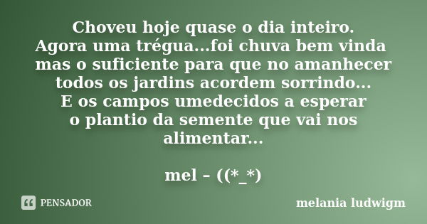 Choveu hoje quase o dia inteiro. Agora uma trégua...foi chuva bem vinda mas o suficiente para que no amanhecer todos os jardins acordem sorrindo... E os campos ... Frase de melania ludwigm.