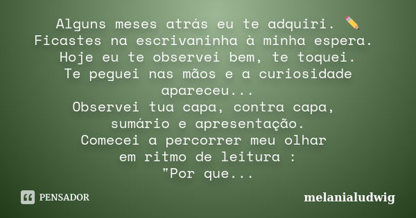 Alguns meses atrás eu te adquiri. ✏ Ficastes na escrivaninha à minha espera. Hoje eu te observei bem, te toquei. Te peguei nas mãos e a curiosidade apareceu... ... Frase de melanialudwig.