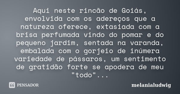 Aqui neste rincão de Goiás, envolvida com os adereços que a natureza oferece, extasiada com a brisa perfumada vindo do pomar e do pequeno jardim, sentada na var... Frase de melanialudwig.