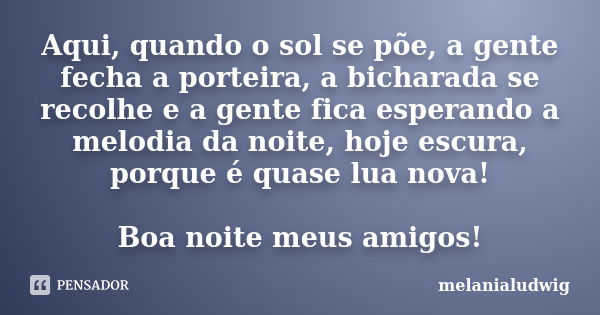 Aqui, quando o sol se põe, a gente fecha a porteira, a bicharada se recolhe e a gente fica esperando a melodia da noite, hoje escura, porque é quase lua nova! B... Frase de melanialudwig.