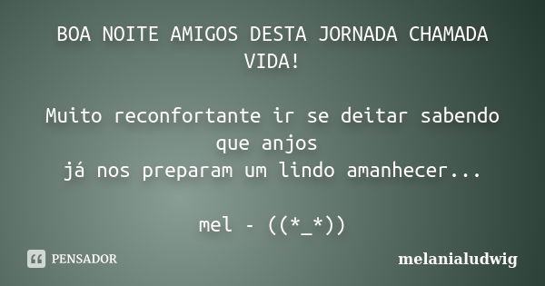 BOA NOITE AMIGOS DESTA JORNADA CHAMADA VIDA! Muito reconfortante ir se deitar sabendo que anjos já nos preparam um lindo amanhecer... mel - ((*_*))... Frase de melanialudwig.