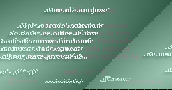 Bom dia amigos! Hoje acordei extasiada Ao bater os olhos lá fora Nada de muros limitando A natureza toda exposta Ao meu dispor para apreciá-la... mel - ((*_*))... Frase de melanialudwig.