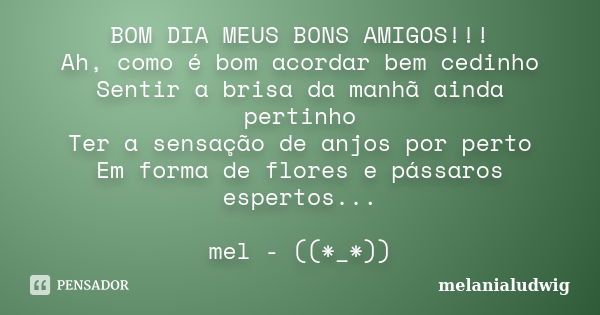 BOM DIA MEUS BONS AMIGOS!!! Ah, como é bom acordar bem cedinho Sentir a brisa da manhã ainda pertinho Ter a sensação de anjos por perto Em forma de flores e pás... Frase de melanialudwig.