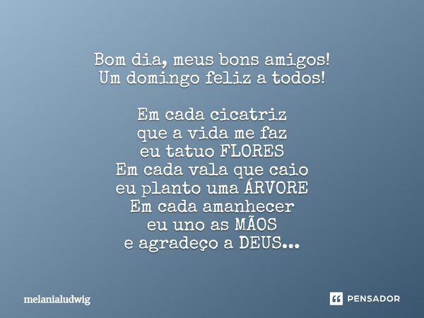 Bom dia, meus bons amigos! Um domingo feliz a todos! Em cada cicatriz que a vida me faz eu tatuo FLORES Em cada vala que caio eu planto uma ÁRVORE Em cada amanh... Frase de melanialudwig.