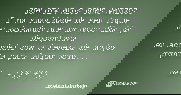 BOM DIA MEUS BONS AMIGOS E na suavidade de seu toque me avisando que um novo dia já despontava eu acordei com a leveza de anjos pronta para alçar voos... mel - ... Frase de melanialudwig.