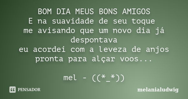 BOM DIA MEUS BONS AMIGOS E na suavidade de seu toque me avisando que um novo dia já despontava eu acordei com a leveza de anjos pronta para alçar voos... mel - ... Frase de melanialudwig.