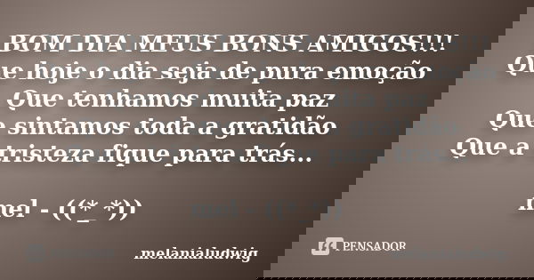 BOM DIA MEUS BONS AMIGOS!!! Que hoje o dia seja de pura emoção Que tenhamos muita paz Que sintamos toda a gratidão Que a tristeza fique para trás... mel - ((*_*... Frase de melanialudwig.