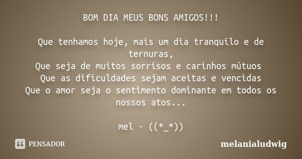 BOM DIA MEUS BONS AMIGOS!!! Que tenhamos hoje, mais um dia tranquilo e de ternuras, Que seja de muitos sorrisos e carinhos mútuos Que as dificuldades sejam acei... Frase de melanialudwig.