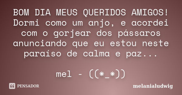 BOM DIA MEUS QUERIDOS AMIGOS! Dormi como um anjo, e acordei com o gorjear dos pássaros anunciando que eu estou neste paraíso de calma e paz... mel - ((*_*))... Frase de melanialudwig.