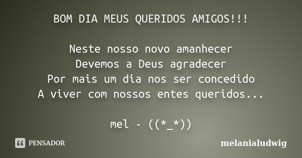 BOM DIA MEUS QUERIDOS AMIGOS!!! Neste nosso novo amanhecer Devemos a Deus agradecer Por mais um dia nos ser concedido A viver com nossos entes queridos... mel -... Frase de melanialudwig.